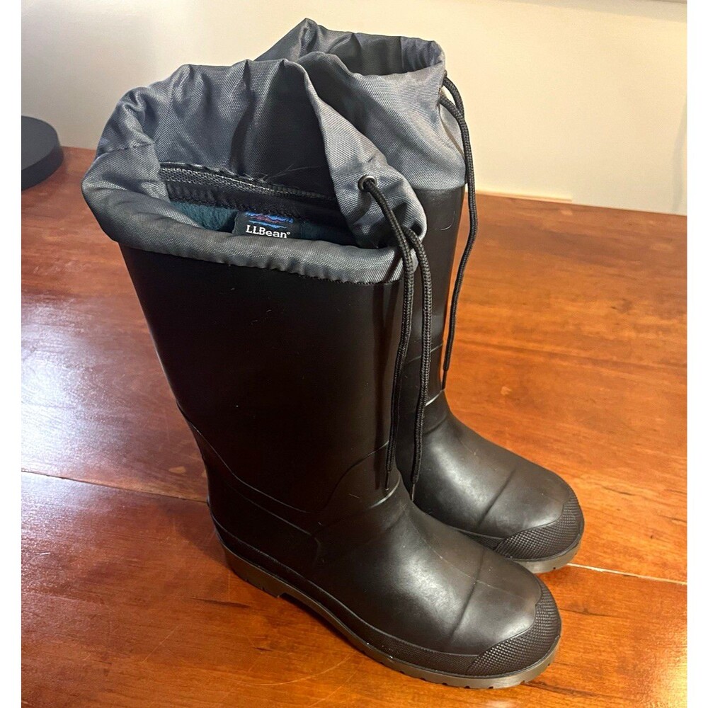 L.L.Bean Men's Lined Rubber Snow Boots Black/Gray Drawstring Mid-Calf 6